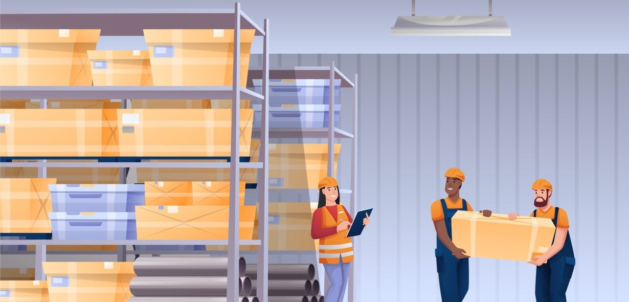 People working in warehouse, delivery workers in storage hangar. Men carrying box, woman conducting logistics